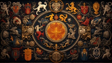 A tapestry showcasing medieval heraldic designs, resplendent in their complexity.