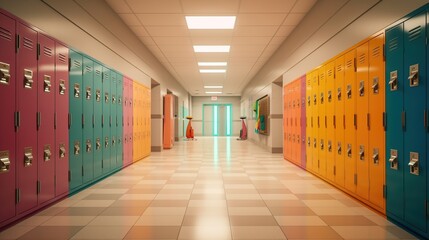 Empty high school hallway with colorful student lockers. AI generated image - obrazy, fototapety, plakaty