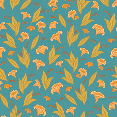 Seamless pattern with an ornament of wild chanterelle mushrooms and branches with lily of the valley berries.Vector print for fabrics, wallpaper, wrapping paper.