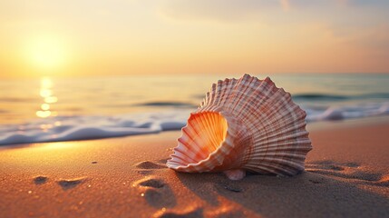 Seashell on Sandy Beach at Sunrise with Waves and Orange Pink Sky