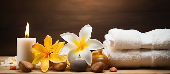 Fototapeta na wymiar A serene scene in the spa featuring fragrant candles Frangipani blossoms and a towel