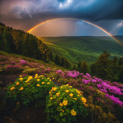 Regenbogen über Wald
