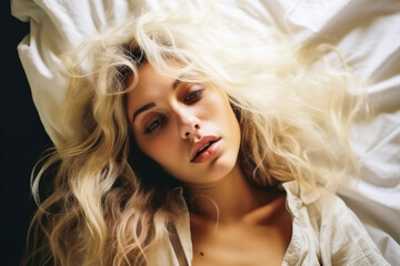 Blonde woman laying on bed looking exhausted and unwell, aerial view - obrazy, fototapety, plakaty