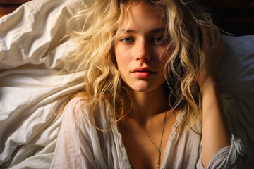 Fototapeta premium Sensual blonde woman lying in bed waiting