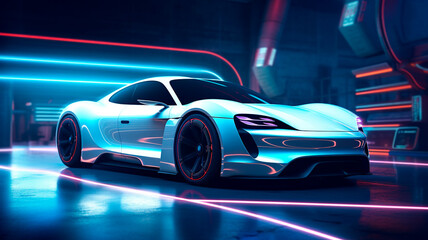 Concept for the overall design of an electric sports car in glossy white and neon. Generative AI