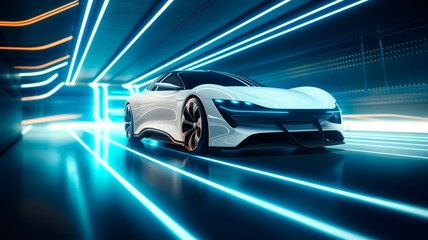 Concept for the overall design of an electric sports car in glossy white and neon. Generative AI - obrazy, fototapety, plakaty