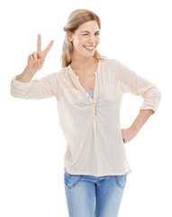 Woman with peace sign, wink and portrait isolated on transparent png background with fun emoji. Happiness, smile and face of student girl with v hand gesture in agreement, yes and positive opinion.