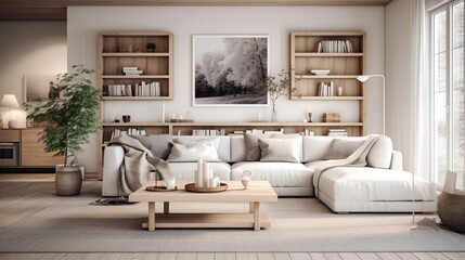 Scandinavian interior design living room with gray colored furniture and wooden elements 8k,