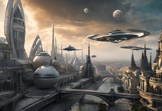 AI generated illustration of a futuristic cityscape with unidentified flying objects in the sky