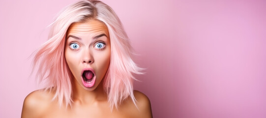 Shocked blonde woman with bare shoulder on pink banner background. - obrazy, fototapety, plakaty