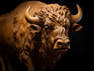 A Detailed Wood Carving of a Bison
