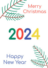 Christmas, New Year pictures, posters, postcards with an illustration of a fir branch decorated with Christmas balls. Greeting Christmas lettering 2024.