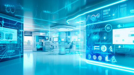 featuring futuristic medical research or an emergency admission room with biometric diagnosis infographics and hospital services. Generative AI