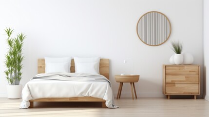 Scandinavian style white room interior with round mirror on the wall, wooden bed with pillows and blanket, cabinet and armchair. Real photo. 8k,