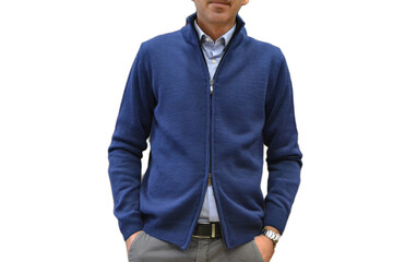 Man in a denim  wool sweater with a full zip on an isolated background