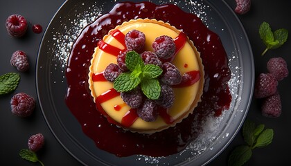 Lemon tart with raspberry coulis 