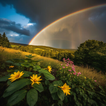 Regenbogen über Wald