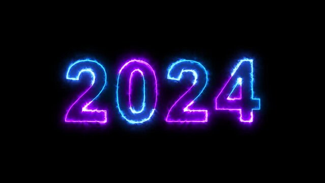 Happy new year 2023 to 2024 greetings, new year 2024, neon numbers, alpha channel. 4K.
