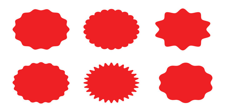 Collection of red price sticker, sunburst badges.Starburst vintage labels, Vector illustration Set of red price sticker, Sunburst badges icons. Stars shape with different number of rays. Red starburst