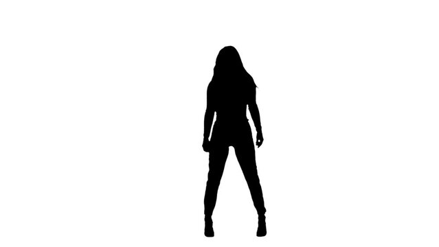 Woman silhouette, female figure dancing heels dance in a studio. White isolated background. Sexy dance on high heels. Modern sensual choreography. Full length.