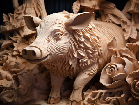 A Detailed Wood Carving of a Pig