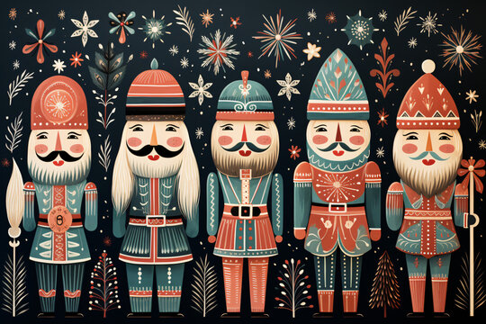 Lineup of nutcrackers under starry sky