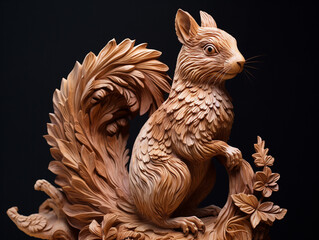 A Detailed Wood Carving of a Squirrel