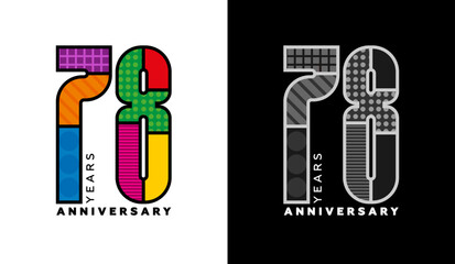 78th anniversary, seventy-eight logo set, colorful logo for celebration event, invitation, congratulations, web template, flyer and booklet, retro