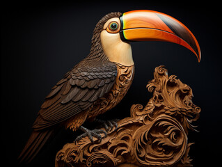 A Detailed Wood Carving of a Toucan