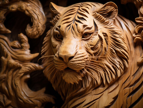 A Detailed Wood Carving of a Tiger