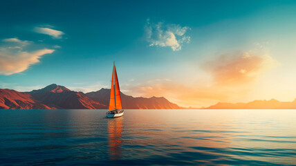 A sailing boat cruising in the open waters, with an island nearby and distant mountains visible on the horizon, during the tranquil moments of a sunset. Generative AI