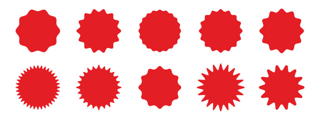 Collection of red price sticker, sunburst badges.Starburst vintage labels, Vector illustration Set of red price sticker, Sunburst badges icons. Stars shape with different number of rays. Red starburst - obrazy, fototapety, plakaty