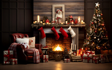 Show Christmas posters on the wall in a cozy Christmas-themed living room with a fireplace and stockings.