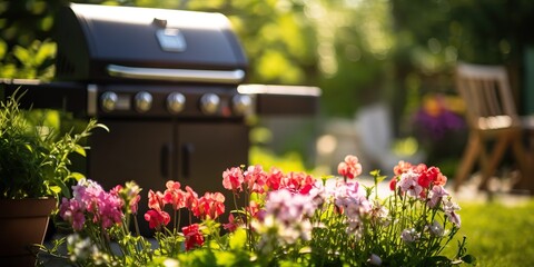 AI Generated. AI Generative. Grill barbecue machine at nature outdoor background with many plant flowers decoration. Graphic Art