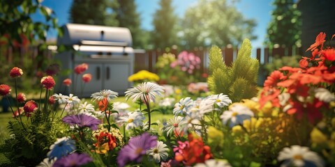 AI Generated. AI Generative. Grill barbecue machine at nature outdoor background with many plant flowers decoration. Graphic Art