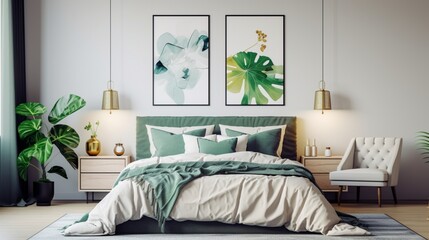 Simple poster hanging above bed with many cushions and green blanket standing in bedroom interior with golden furniture 8k,