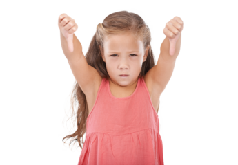 Portrait, thumbs down and review with an unhappy girl isolated on a transparent background for feedback. Face, hand gesture and negative with an angry young child on PNG to vote, reject or deny