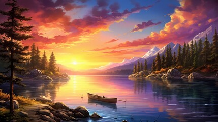 Picturesque sunset over serene lake, pink clouds, forest silhouette, majestic mountain. Wilderness exploration.