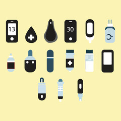 Glucose meter sugar blood test device icons set. Flat illustration of 15 glucose meter sugar blood test device vector icons for web