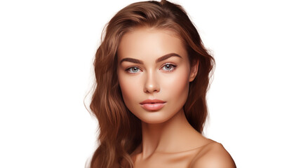 Fototapeta premium Portrait of a beautiful smiling young woman with perfect shiny skin and bare shoulders .Beautiful natural woman looking at camera. Spa, skincare and wellness concept, isolated on background, cutout