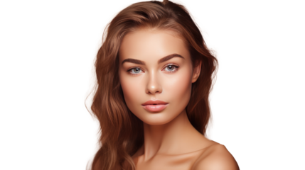 Portrait of a beautiful smiling young woman with perfect shiny skin and bare shoulders .Beautiful natural woman looking at camera. Spa, skincare and wellness concept, isolated on background, cutout