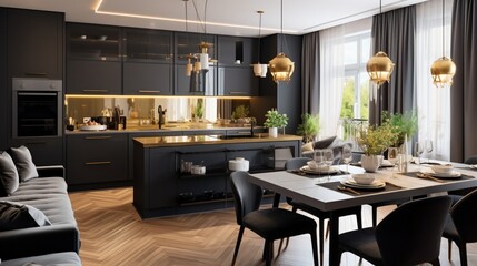 Small and trendy designed flat interior with stylish black and gold kitchen, new style dining area and elegant living room 8k,