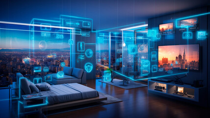 photograph showcasing a technologically advanced apartment or smart home, highlighting the latest in modern home technology. Generative AI 