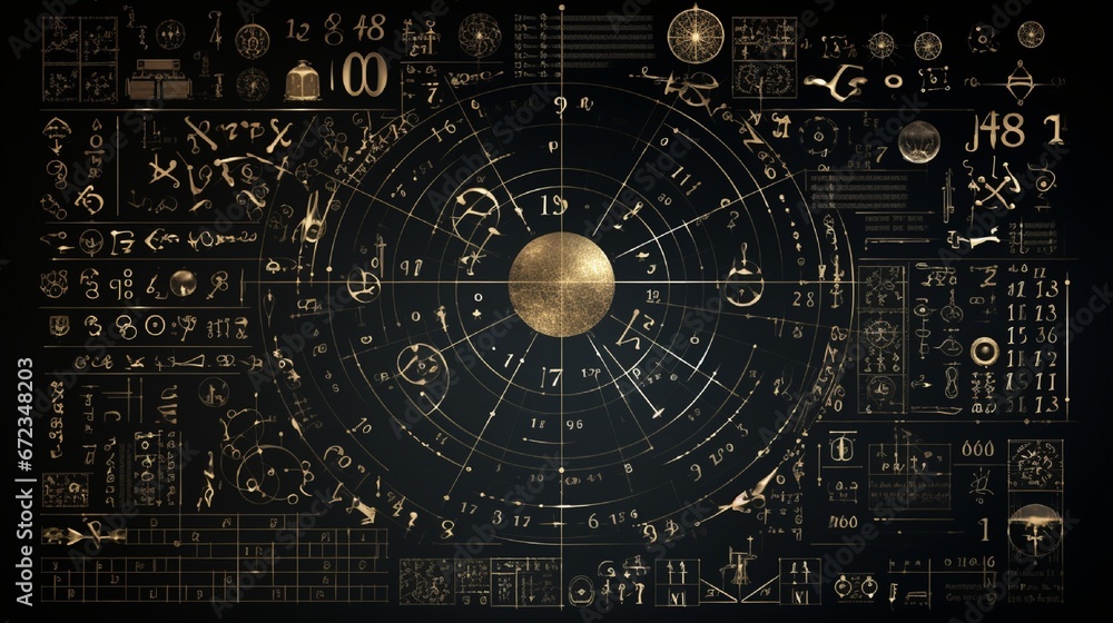 Poster mathematical symbols, from basic operators to complex equations, arranged aesthetically.