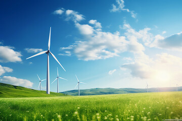 Renewable energy concept, wind energy, Windmill in green field on a bright day.