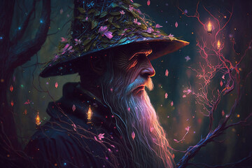 Enchanting forest scene featuring a whimsical wizard adorned with a distinctive hat. Ai generated