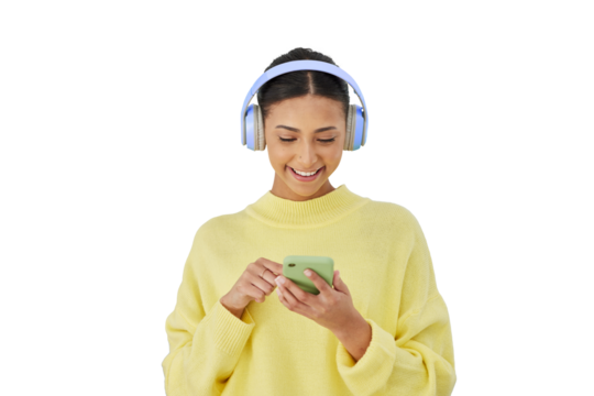 Happy woman, phone and headphones, streaming with mobile app and isolated on transparent png background. Girl with smile, listening to music service and scroll online on smartphone, website or audio.