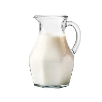 A glass jug with a handle for holding, filled with milk