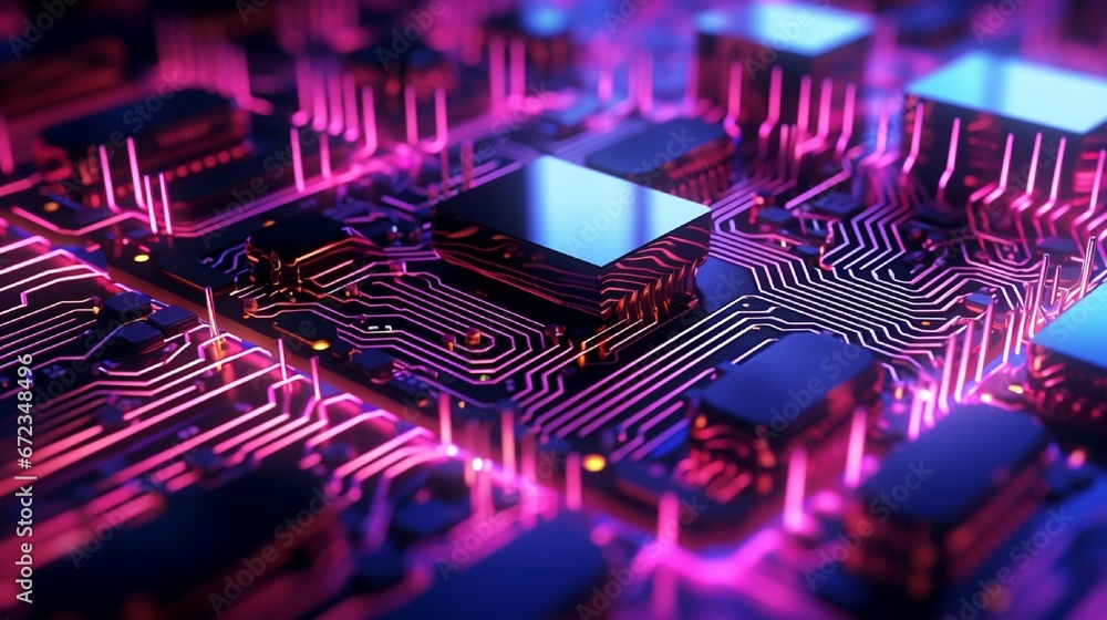 Poster patterns of electricity coursing through an advanced circuit board, visualized as a stream of neon l