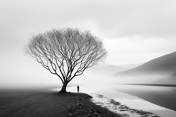 A simple and elegant black and white photograph featuring a tree in a minimalist style. Ai generated
